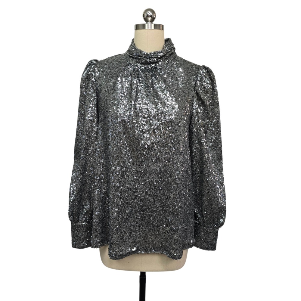 Sunday in Brooklyn Silver Sequin Mock Neck Puffed Sleeve Blouse Women's Small